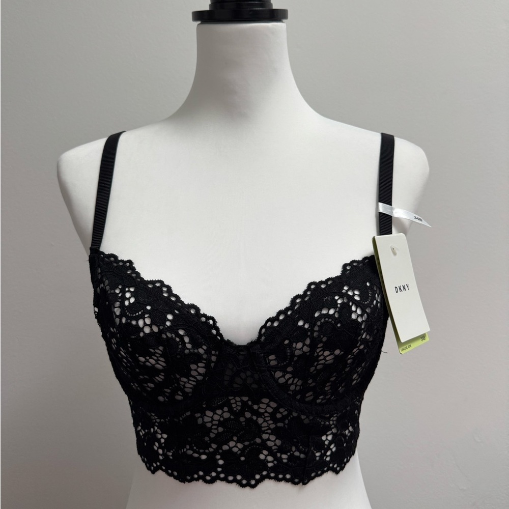 NWT DKNY Black Lace Longline Demi Bra/Bralette SZ 34B